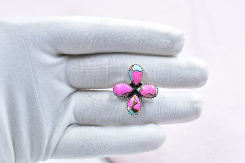 Handmade Cotton Candy Dahlia 925 Sterling Silver  Adjustable Ring