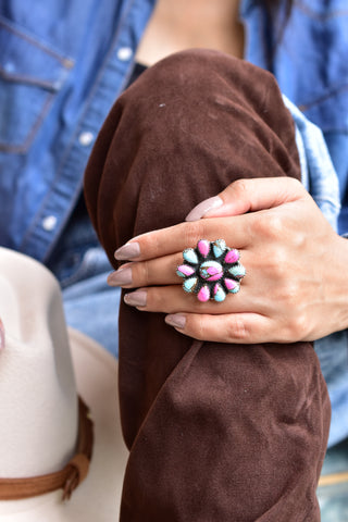 Handmade Cotton Candy Dahlia 925 Sterling Silver  Adjustable Ring