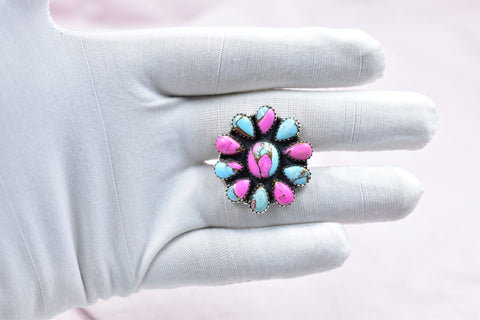 Handmade Cotton Candy Dahlia 925 Sterling Silver  Adjustable Ring