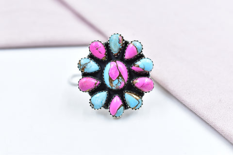 Handmade Cotton Candy Dahlia 925 Sterling Silver  Adjustable Ring