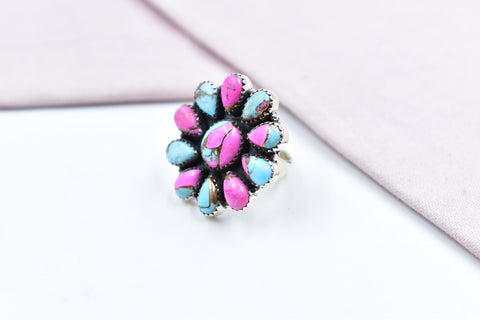 Handmade Cotton Candy Dahlia 925 Sterling Silver  Adjustable Ring