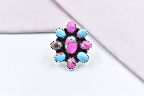 Handmade Cotton Candy Dahlia 925 Sterling Silver  Adjustable Ring