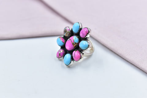 Handmade Cotton Candy Dahlia 925 Sterling Silver  Adjustable Ring