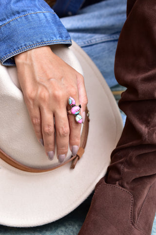 Handmade Cotton Candy Dahlia 925 Sterling Silver  Adjustable Ring