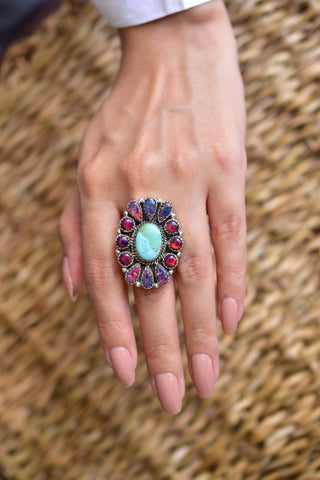 Handmade Turquoise & Aurora Opal 925 Sterling Silver Ring