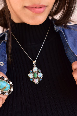 Handmade Aurora Opal & Pink Dahlia Turquoise Pendant in 925 Sterling Silver