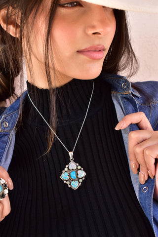Handmade Aurora Opal & Turquoise Pendant in 925 Sterling Silver