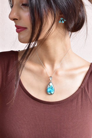 Handmade Ice Blue Dahlia Turquoise 925 Sterling Silver Pendant