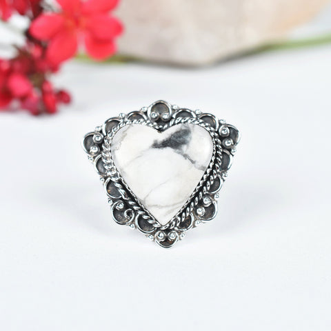 White Howlite Heart Ring: Adjustable Sterling Silver Statement Ring