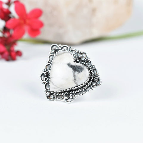 White Howlite Heart Ring: Adjustable Sterling Silver Statement Ring