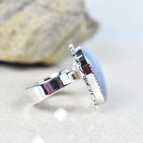 Blue Lace Agate Heart Ring: Adjustable Sterling Silver Statement Ring