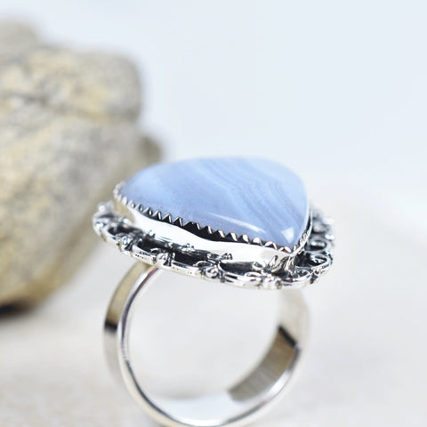 Blue Lace Agate Heart Ring: Adjustable Sterling Silver Statement Ring