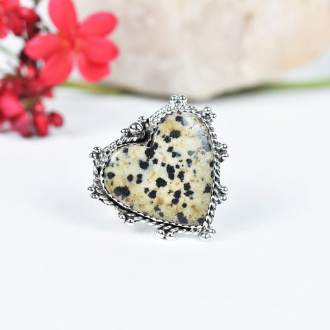 Handmade Dalmatian Jasper Heart Ring: Adjustable Sterling Silver