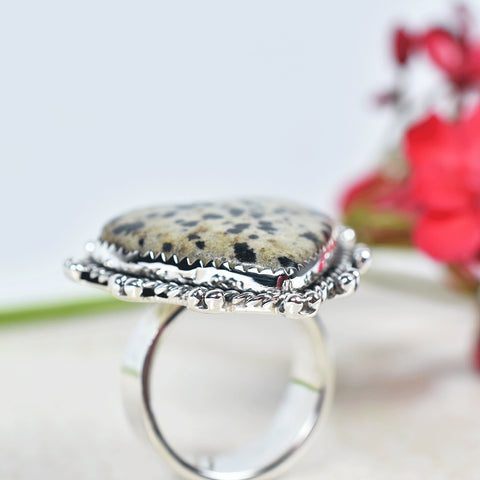 Handmade Dalmatian Jasper Heart Ring: Adjustable Sterling Silver