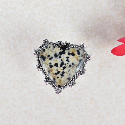 Handmade Dalmatian Jasper Heart Ring: Adjustable Sterling Silver