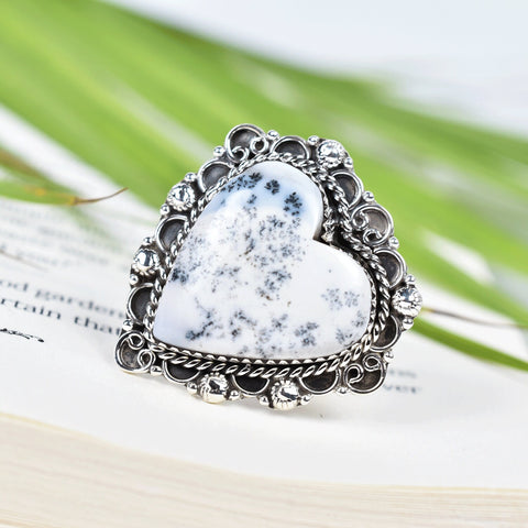Handmade Dendritic Agate Heart Ring: Sterling Silver Adjustable Statement Ring