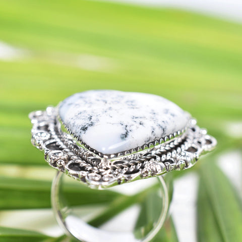 Handmade Dendritic Agate Heart Ring: Sterling Silver Adjustable Statement Ring