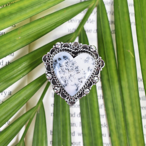 Handmade Dendritic Agate & Sterling Silver Adjustable Heart Ring