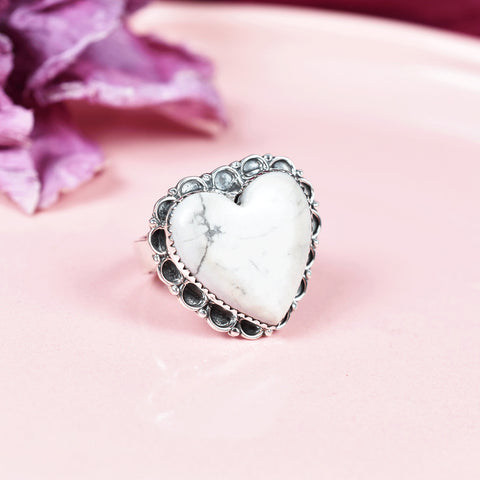 Handmade Howlite Heart Ring: Adjustable Sterling Silver Statement Ring