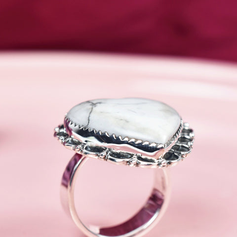 Handmade Howlite Heart Ring: Adjustable Sterling Silver Statement Ring