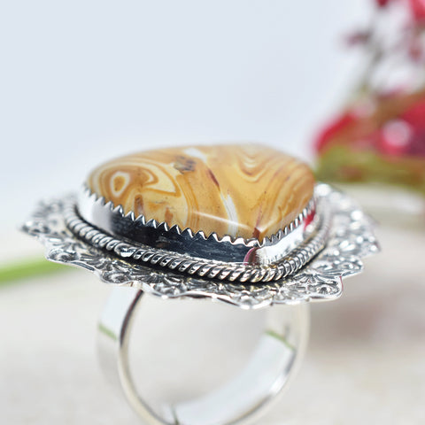 Handmade Snake Jasper Heart Ring: Sterling Silver Adjustable Statement Ring