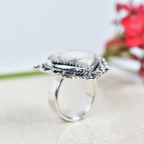 White Howlite Heart Ring: Adjustable Sterling Silver Statement Ring