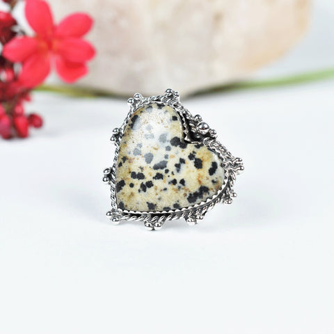 Handmade Dalmatian Jasper Heart Ring: Adjustable Sterling Silver