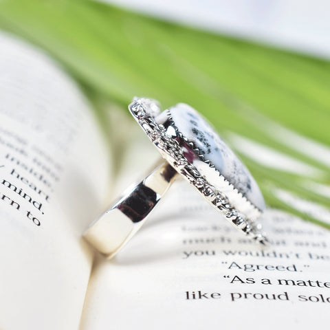 Handmade Dendritic Agate Heart Ring: Sterling Silver Adjustable Statement Ring
