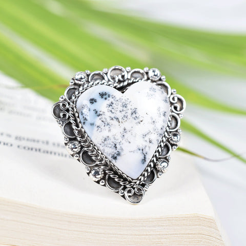 Handmade Dendritic Agate Heart Ring: Sterling Silver Adjustable Statement Ring