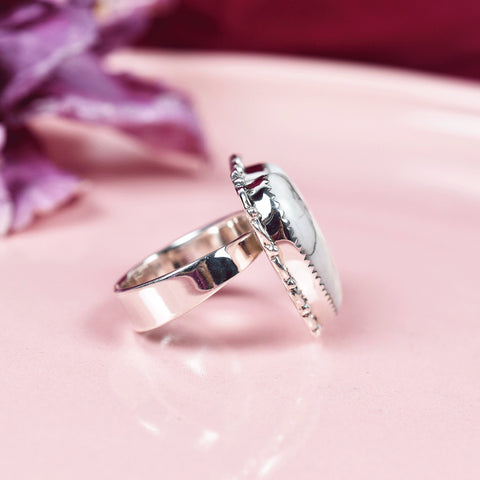 Handmade Howlite Heart Ring: Adjustable Sterling Silver Statement Ring