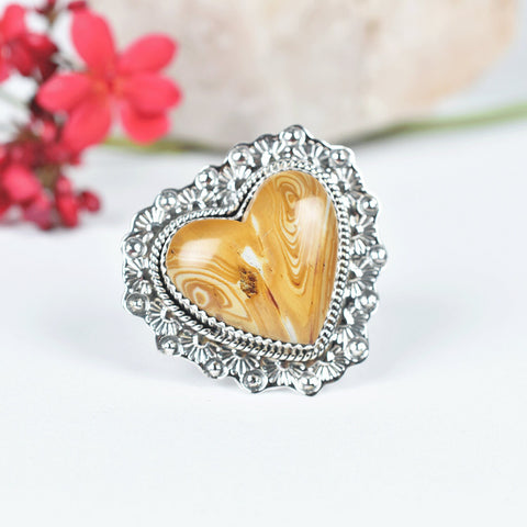 Handmade Snake Jasper Heart Ring: Sterling Silver Adjustable Statement Ring