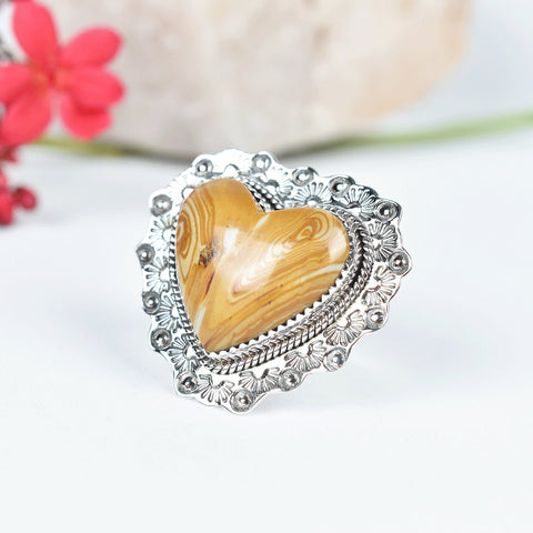 Handmade Snake Jasper Heart Ring: Sterling Silver Adjustable Statement Ring