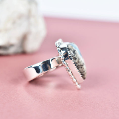 Handmade K2 Jasper Heart Ring: Adjustable Sterling Silver Statement Ring