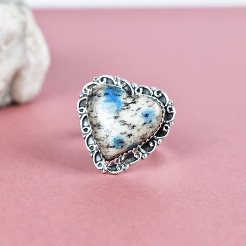 Handmade K2 Jasper Heart Ring: Adjustable Sterling Silver Statement Ring