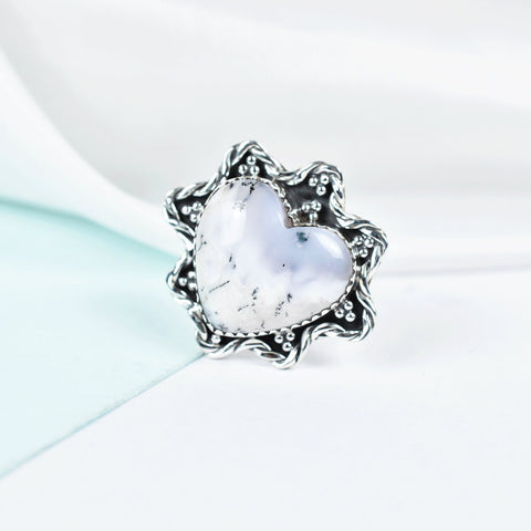 Handmade Dendritic Agate Heart Ring: Sterling Silver Adjustable Statement Ring