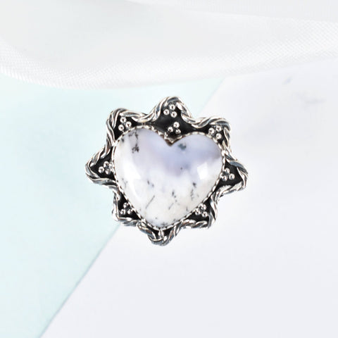 Handmade Dendritic Agate & Sterling Silver Adjustable Heart Ring