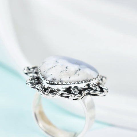 Handmade Dendritic Agate & Sterling Silver Adjustable Heart Ring