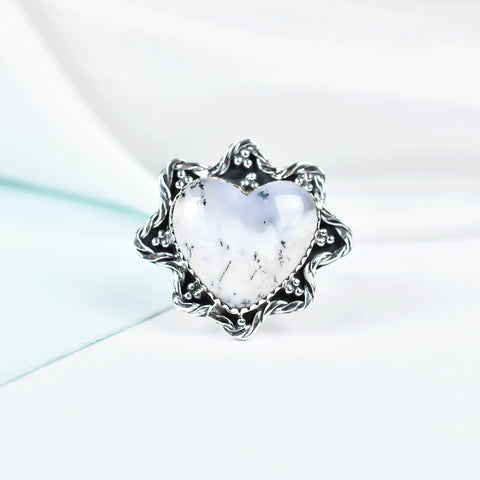 Handmade Dendritic Agate Heart Ring: Sterling Silver Adjustable Statement Ring