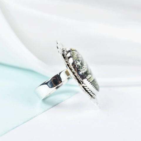 Green Zebra Jasper Heart Ring: Adjustable Sterling Silver Statement Ring