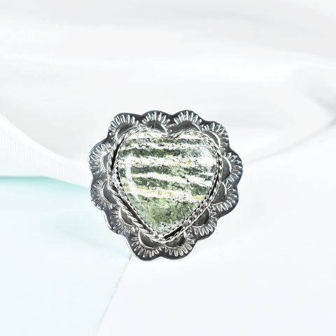 Green Zebra Jasper Heart Ring: Adjustable Sterling Silver Statement Ring