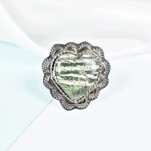 Green Zebra Jasper Heart Ring: Adjustable Sterling Silver Statement Ring