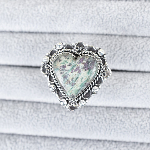 Handmade Ruby Fuchsite Heart Ring: Adjustable 925 Sterling Silver