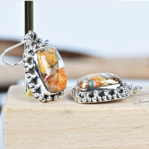 Handmade Spiny Oyster Turquoise & Sterling Silver Drop Dangle Earrings for Women