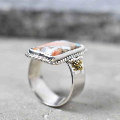 Handmade Spiny Oyster Turquoise & Sterling Silver Adjustable Ring, Statement Ring for Women (Size 8)