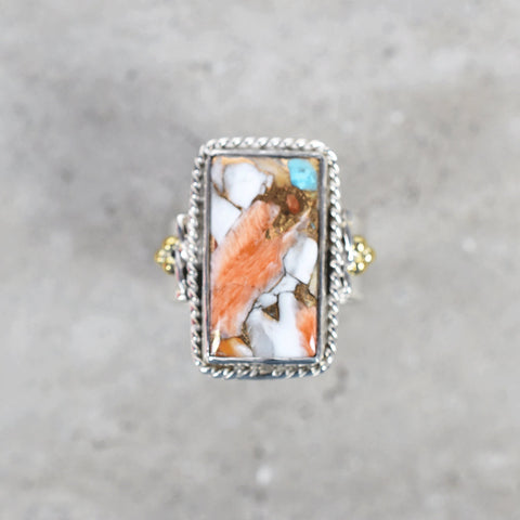 Handmade Spiny Oyster Turquoise & Sterling Silver Adjustable Ring, Statement Ring for Women (Size 8)