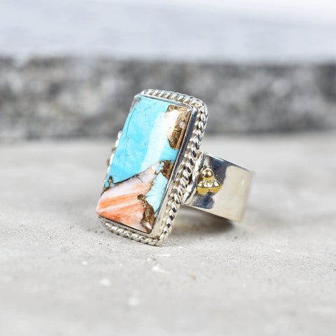 Handmade Spiny Oyster Turquoise & Sterling Silver Adjustable Ring, Statement Ring for Women (Size 7)