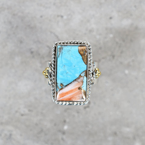 Handmade Spiny Oyster Turquoise & Sterling Silver Adjustable Ring, Statement Ring for Women (Size 7)