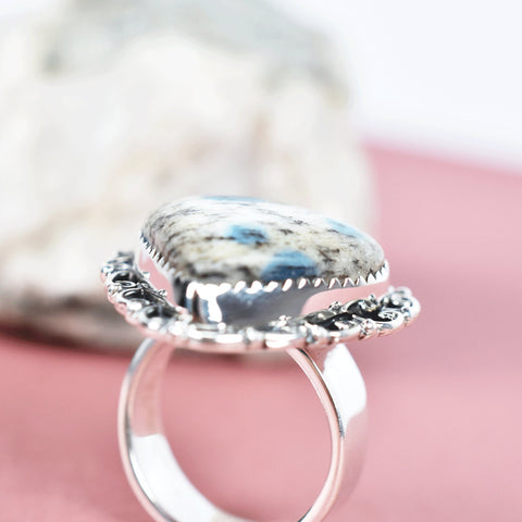 Handmade K2 Jasper Heart Ring: Adjustable Sterling Silver Statement Ring