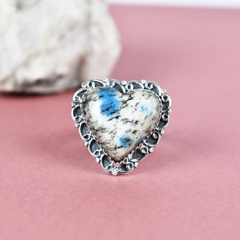 Handmade K2 Jasper Heart Ring: Adjustable Sterling Silver Statement Ring