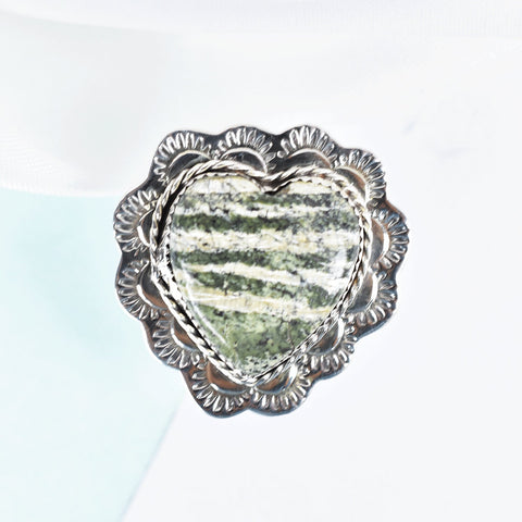 Green Zebra Jasper & Sterling Silver Adjustable Heart Ring